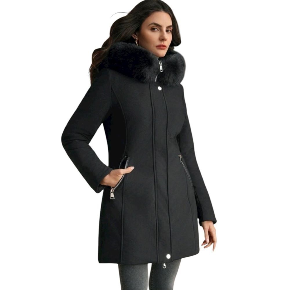 🆕Anewsta Women's Black Mid Length Cinched Waist Hooded Jacket